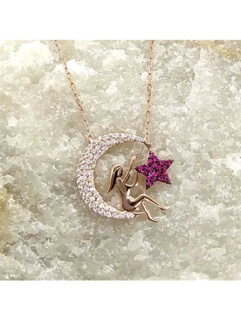 Zirkon Taşlı Ay İçinde Yıldız Tutan Kız Bayan Gümüş Kolye