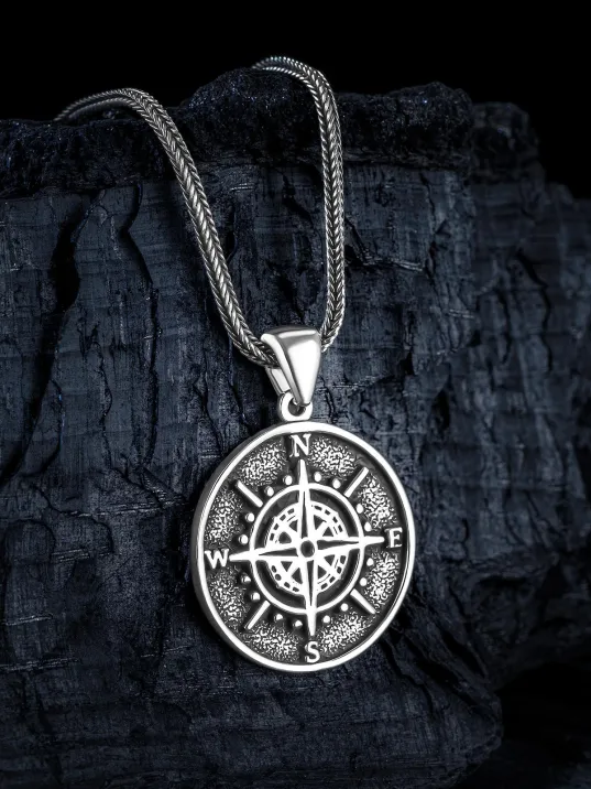 Erkek Gümüş Kolye - 925 Ayar Gümüş Tilki Kuyruğu Zincirli Yuvarlak Pusula Model Erkek Kolye