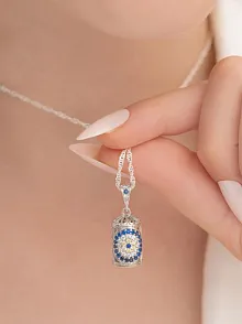 Mavi Taşlı Bayan Gümüş Muska Cevşen Kolye