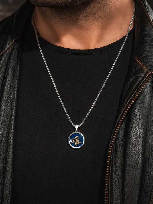 925 Ayar Gümüş Mavi Osmanlı Tuğrası İşlemeli Yuvarlak Kolye Tilki Kuyruğu Zincirli 925 Ayar Gümüş Mavi Osmanlı Tuğrası İşlemeli Yuvarlak Kolye Tilki Kuyruğu Zincirli