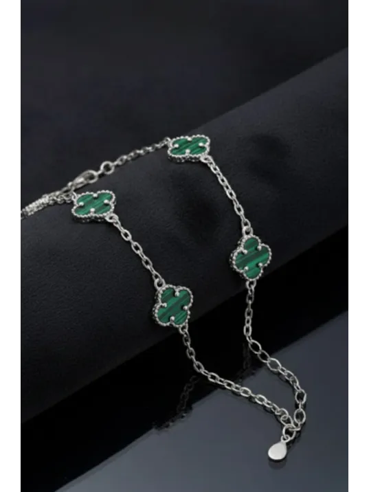 Kadın 925 Ayar Gümüş Yeşil Malakit Taşlı Yonca Model Zincir Bileklik