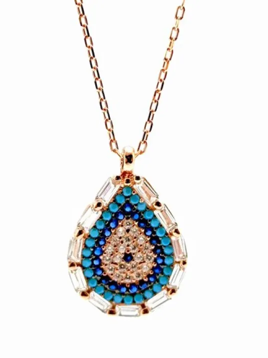 Baget Ve Turkuaz Taşlı Damla Model Nazar Boncuğu Rose Renk Gümüş Kolye Baget Ve Turkuaz Taşlı Damla Model Nazar Boncuğu Rose Renk Gümüş Kolye