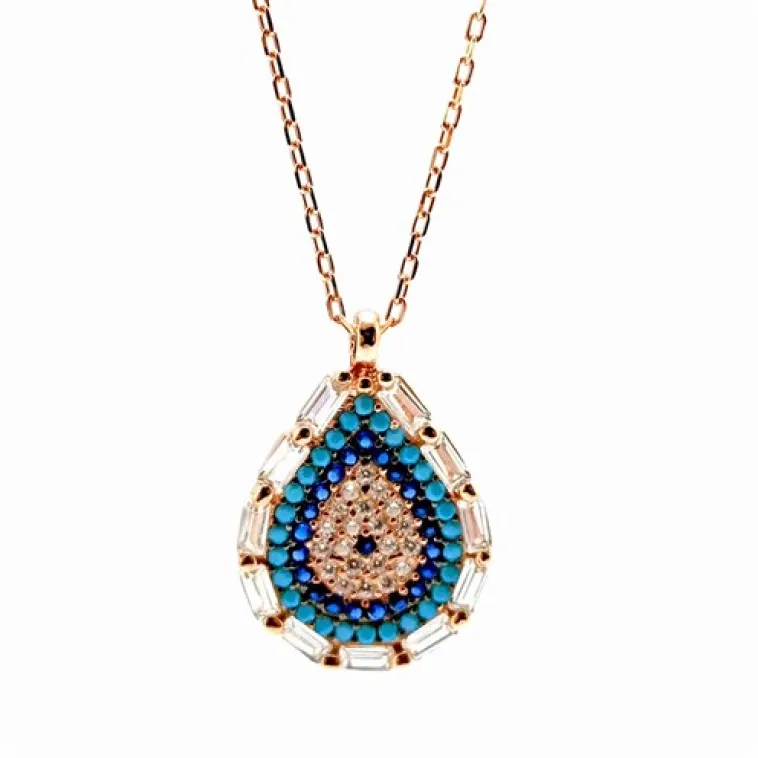 Baget Ve Turkuaz Taşlı Damla Model Nazar Boncuğu Rose Renk Gümüş Kolye Baget Ve Turkuaz Taşlı Damla Model Nazar Boncuğu Rose Renk Gümüş Kolye