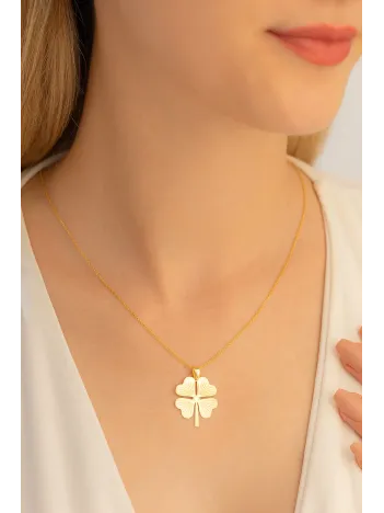 Kadın Gümüş Kolye - Altın Kaplama 4 Yapraklı Yonca Motifli Gümüş Kolye