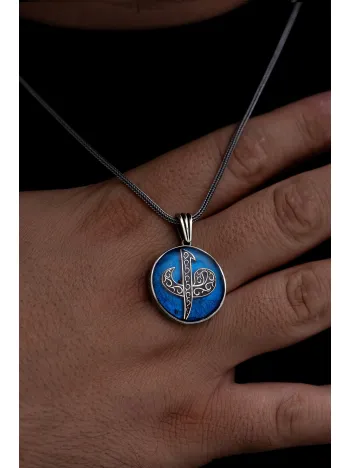 Erkek Gümüş Kolye - Vav Elif Yazılı Mavi Renkli Gümüş Kolye