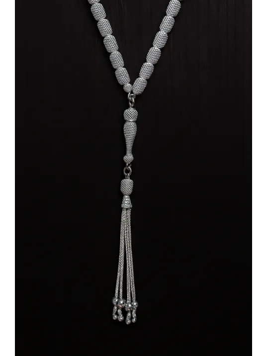 Erkek Gümüş Tespih - 925 Ayar Oksitli Model Delikli Kapsül Kesim Tesbih