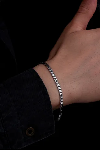 Erkek Gümüş Bileklik - 925 Ayar 4 mm Oksitli Ezme Gurmet Zincir Gümüş Bileklik