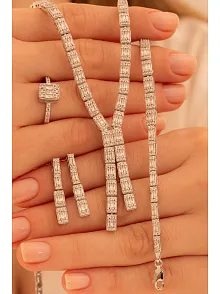Kadın Gümüş Takı Seti - Dilruba Baget Taşlı Kare Model Kolye, Bileklik, Yüzük, Küpe Tam Set