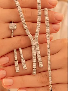 Kadın Gümüş Takı Seti - Dilruba Baget Taşlı Kare Model Kolye, Bileklik, Yüzük, Küpe Tam Set