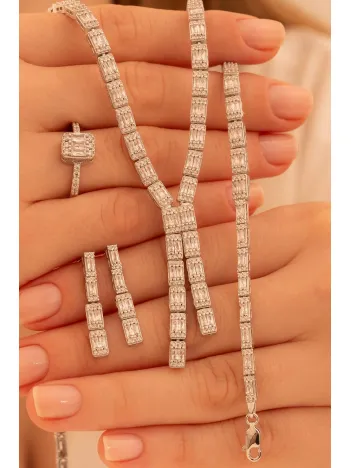 Kadın Gümüş Takı Seti - Dilruba Baget Taşlı Kare Model Kolye, Bileklik, Yüzük, Küpe Tam Set