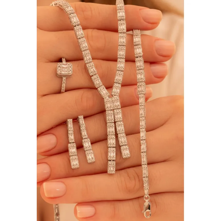 Kadın Gümüş Takı Seti - Dilruba Baget Taşlı Kare Model Kolye, Bileklik, Yüzük, Küpe Tam Set