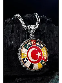 Erkek Gümüş Kolye - 16 Türk Devleti Bayrakları İşlemeli  Ay Yıldız Kral Zincirli Erkek Kolye