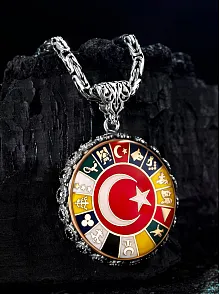 Erkek Gümüş Kolye - 16 Türk Devleti Bayrakları İşlemeli  Ay Yıldız Kral Zincirli Erkek Kolye