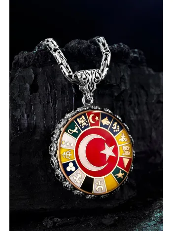 Erkek Gümüş Kolye - 16 Türk Devleti Bayrakları İşlemeli  Ay Yıldız Kral Zincirli Erkek Kolye