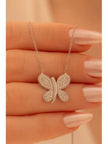 Kadın Gümüş Kolye - Sevgililer Günü - Hediye - Zirkon Taşlı Yusufçuk Motifli Kadın Kolye