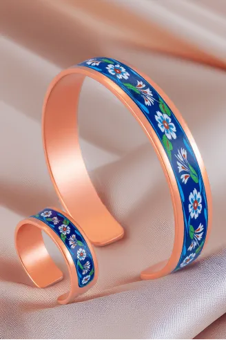 Kadın Bakır Bileklik Yüzük Set - Sunflower Model Özel Baskı Metal Kutu Ve Kuvars Taşı