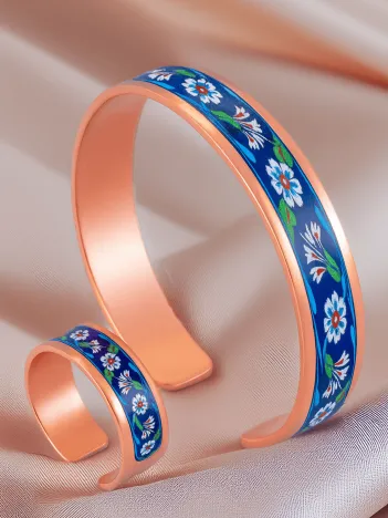 Kadın Bakır Bileklik Yüzük Set - Sunflower Model Özel Baskı Metal Kutu Ve Kuvars Taşı