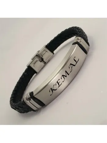 Yazı Yazılabilir Çelik Erkek Bileklik Künye Deri Kordonlu