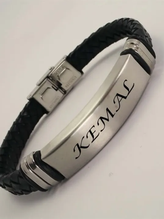 Yazı Yazılabilir Çelik Erkek Bileklik Künye Deri Kordonlu