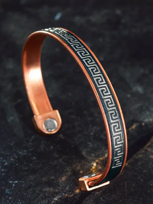 Erkek Kadın Bakır Bileklik - Üstü Siyah Hakiki Deri Grek İşlemeli Mıknatıslı Model Metal Kutu Doğal
