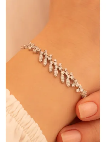 Kadın Gümüş Bileklik - Nigar Zirkon Taşlı Yaprak Model Kadın Bileklik