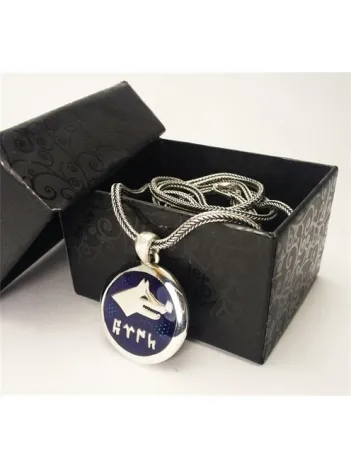 Göktürkçe Türk Yazılı Lacivert Mineli Bozkurt Gümüş Erkek Kolye Zincir