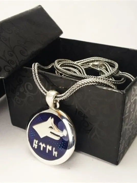 Göktürkçe Türk Yazılı Lacivert Mineli Bozkurt Gümüş Erkek Kolye Zincir