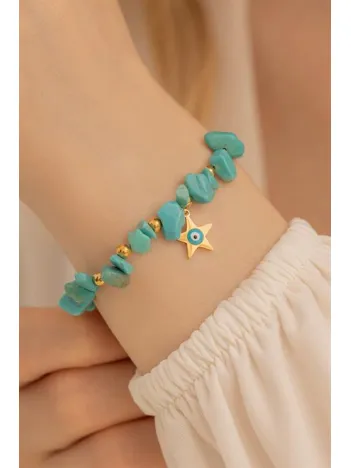 Kadın Bileklik-Çelik Sarı Taş Model Yıldız Nazarlık Çelik Kadın Bileklik