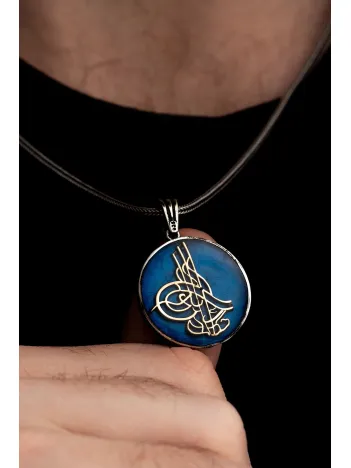 Erkek Gümüş Kolye - Osmanlı Tuğrası İşlemeli Mavi Renkli Gümüş Kolye