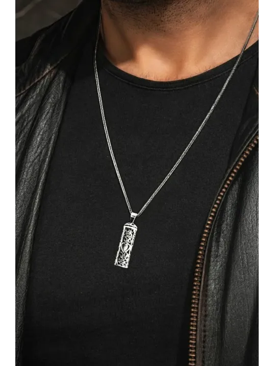 Erkek Gümüş Cevşen Kolye - Kalp Motifli İçi Dualı Erkek Gümüş Cevşen Kolye