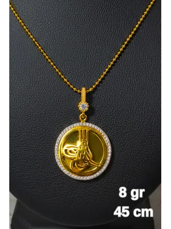 Kadın Gümüş Kolye - Tek Sıra Zirkon Taşlı Osmanlı Tuğrası Desenli 22 Ayar Altın Kaplama Kolye Kadın Gümüş Kolye - Tek Sıra Zirkon Taşlı Osmanlı Tuğrası Desenli 22 Ayar Altın Kaplama Kolye