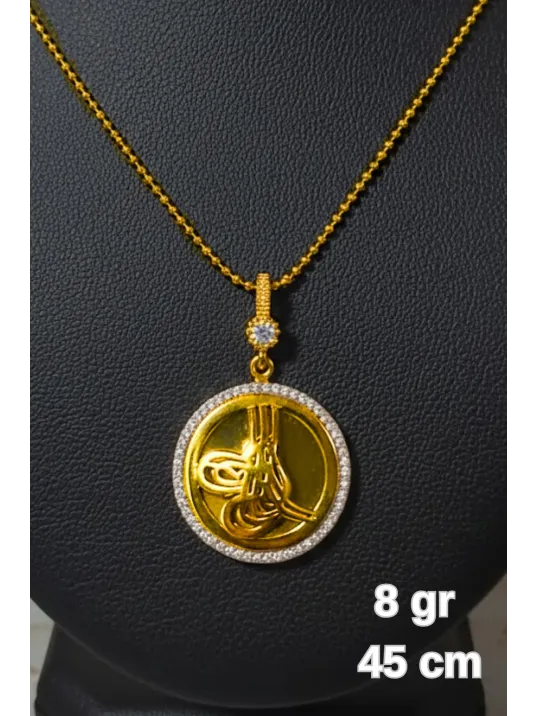 Kadın Gümüş Kolye - Tek Sıra Zirkon Taşlı Osmanlı Tuğrası Desenli 22 Ayar Altın Kaplama Kolye