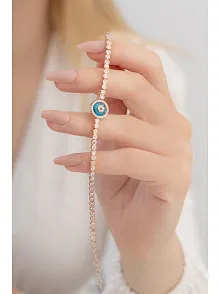 Nazar Boncuklu Su Yolu Bayan Gümüş Bileklik Zirkon Taşlı Rose 925 Ayar