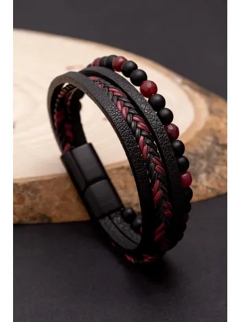 OSMANLI GÜMÜŞ Erkek Bileklik - Erkek Deri Bileklik - Erkek Boncuk Bileklik - Deri Ve Boncuk Kombin Bileklik-Kırmızı