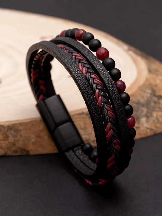 OSMANLI GÜMÜŞ Erkek Bileklik - Erkek Deri Bileklik - Erkek Boncuk Bileklik - Deri Ve Boncuk Kombin Bileklik-Kırmızı