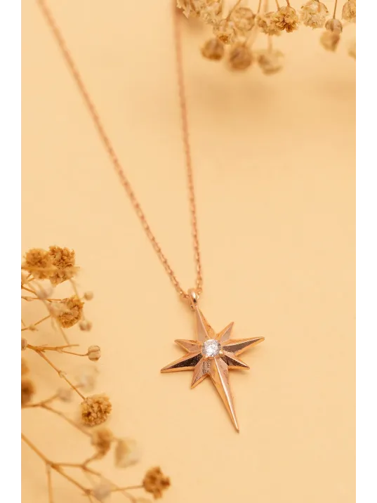 Kadın Gümüş Kolye - Zirkon Taşlı Kutup Yıldızı Motifli Gümüş Kolye