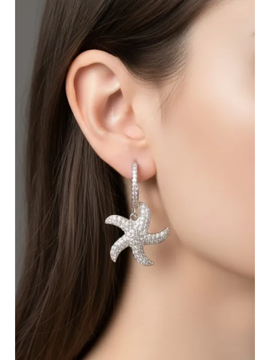 Kadın Gümüş Küpe - Deniz Yıldızı Model Zirkon Taş Kaplama Gümüş Küpe