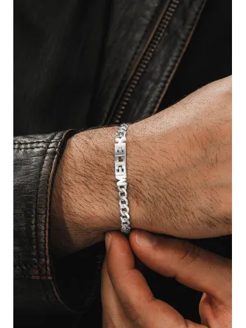 Erkek Gümüş Bileklik - Kesme Harf El İşçiliği İsim Yazılı Gurmet Zincir 925 Ayar Gümüş Erkek Bileklik