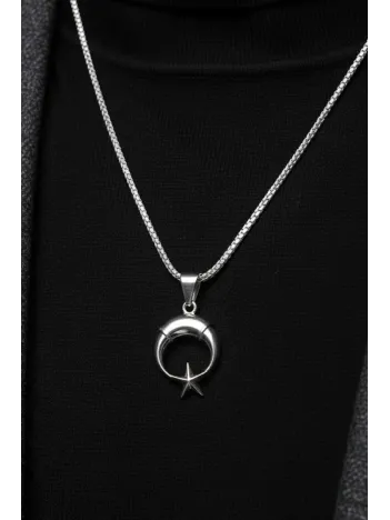 Erkek Gümüş Kolye - Küçük Model Ay Yıldız Motifli Tilki Kuyruğu Zincir Erkek Gümüş Kolye