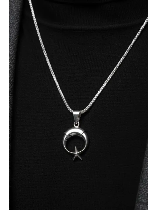 Erkek Gümüş Kolye - Küçük Model Ay Yıldız Motifli Tilki Kuyruğu Zincir Erkek Gümüş Kolye