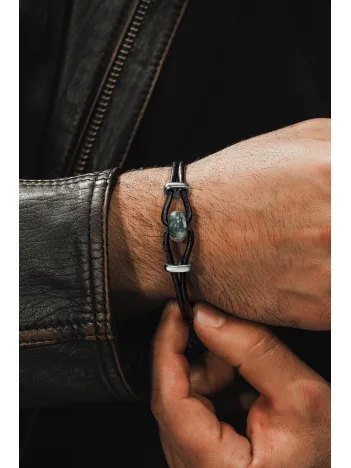 Erkek Çelik Bileklik - Orjinal Yeşil Akik Deri Çelik Erkek Bileklik