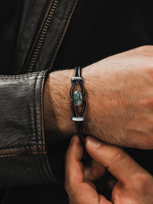 Erkek Çelik Bileklik - Orjinal Yeşil Akik Deri Çelik Erkek Bileklik