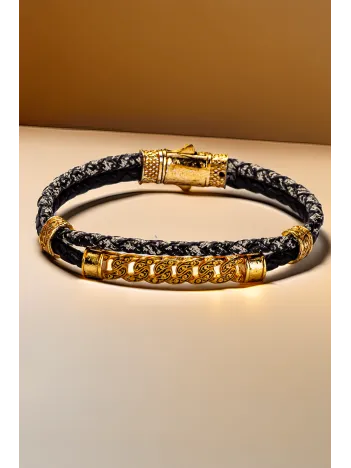 Altın Zincir Detaylı Siyah Deri Erkek Bileklik – Çift Örgü Tasarım