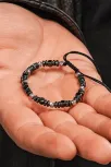 Siyah Hematit Taşlı Gümüş Detaylı Ayarlanabilir İp Bileklik - Model 3