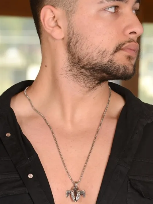 Ottoman Çelik Yarası Kanatlı Melek Model Erkek Kolye CKLYRSKNTML-GMS