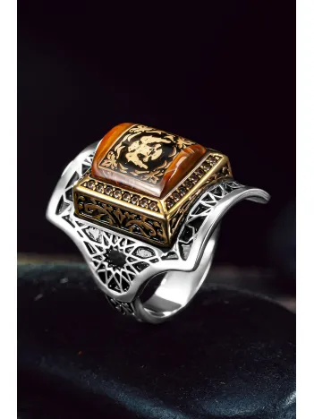 Erkek Gümüş Yüzük - Kehribar Taşlı Çift Başlı Selçuklu Kartalı İşlemeli Erkek Yüzük Erkek Gümüş Yüzük - Kehribar Taşlı Çift Başlı Selçuklu Kartalı İşlemeli Erkek Yüzük