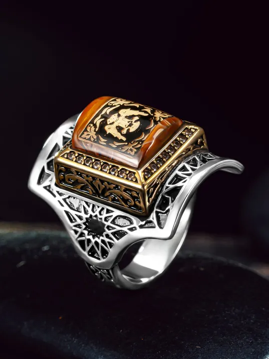 Erkek Gümüş Yüzük - Kehribar Taşlı Çift Başlı Selçuklu Kartalı İşlemeli Erkek Yüzük