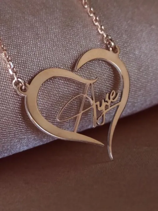 Kişiye Özel Kalp İçinde İmza İsim Yazılan Rose Renk Bayan Gümüş Kolye Zincir GKLROSISIMY