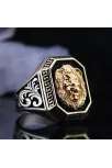 Erkek Gümüş Yüzük - Altın Renk Aslan Işlemeli Grek Desen Özel Seri Erkek Gümüş Yüzük
