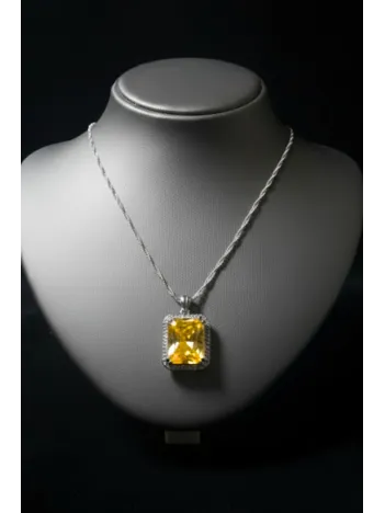 Kadın Gümüş Kolye - Kare Model Sarı Şampanya Zirkon Taşlı Kadın Gümüş Kolye